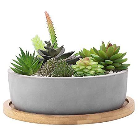 【5％OFF】 【送料無料】MyGift 8-inch T Bamboo and Drainage with Pot Plant Indoor Cement Gray Round プランター