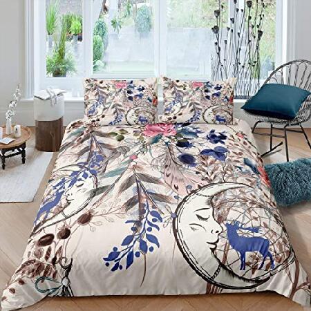 King Size Bohemian Theme Indian Hippie Feather Bedding Set Teens Girls Boho Style Dream Catcher Printed Comforter Cover Moon Elk Pattern Duvet Cover S