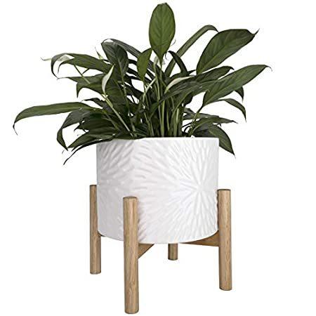 【送料無料】Ceramic Plant Pot with Wood Stand - 8 Inch White Cylinder Floral Pattern Em