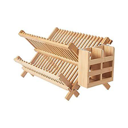 NOVAYEAH 竹製食器乾燥ラック 2段 折りたたみ可能な小さな食器ラック 台所カウンター用木製乾燥ラック アパート必需品キッチンプレートホルダー