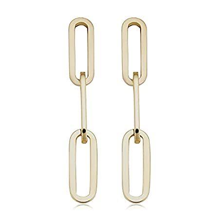 送料無料14K イエローゴールド ペーパークリップ リンクチェーン ドロップイヤリング (長さ0.95インチ)