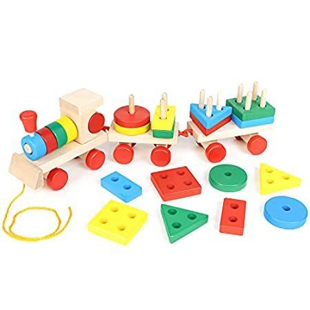 送料無料WEMMICKS Wooden Train Toddler Toy, Wooden Blocks for 1-3 Year Old Boys Girl