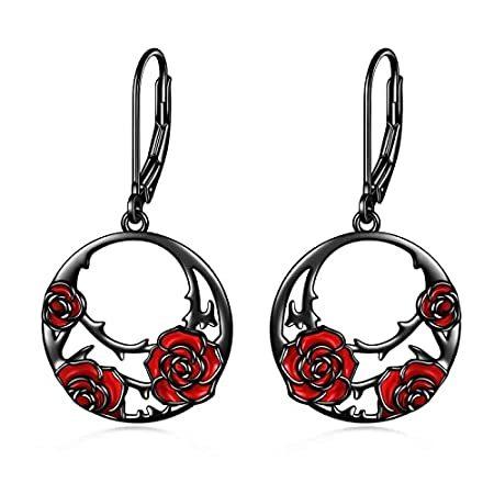 送料無料CRMAD ローズブラック ダングルイヤリング スターリングシルバー フラワーレバーバックイヤリング レディース ガールズ, 金属, 宝石なし。