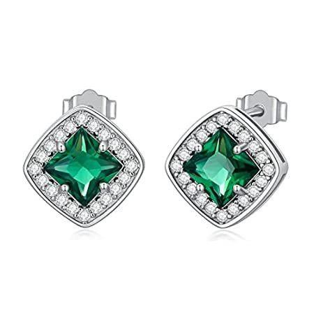 送料無料S925 シルバーエメラルド スタッドイヤリング 18K ホワイトゴールドメッキ スターリングシルバー センター 5x5mm 人工エメラルドグリーンス
