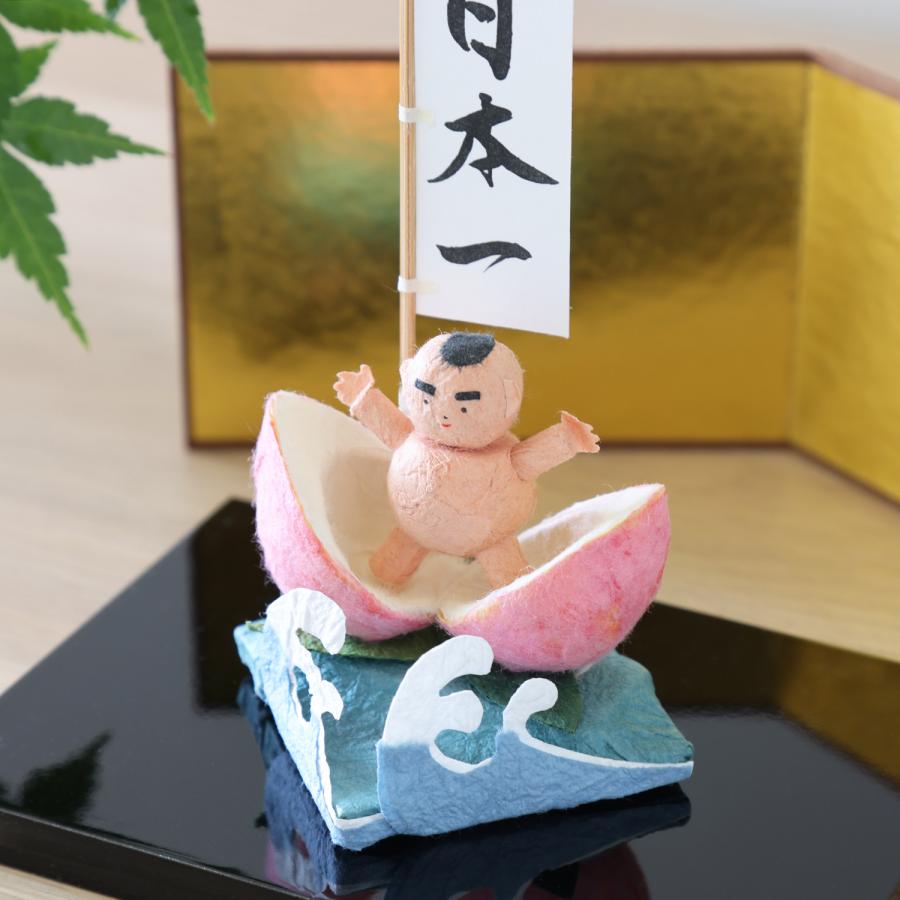 端午の節句 コンパクト 桃からうまれた桃太郎 五月人形 おしゃれ 置物 和紙 インテリア リビング 玄関 日本製 ミニチュア お土産 室礼