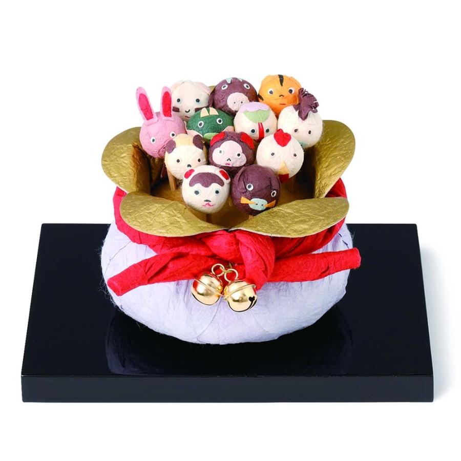 めでたや 正月飾り 置物 干支 十二支 巾着 黒塗り台付き おしゃれ 和紙