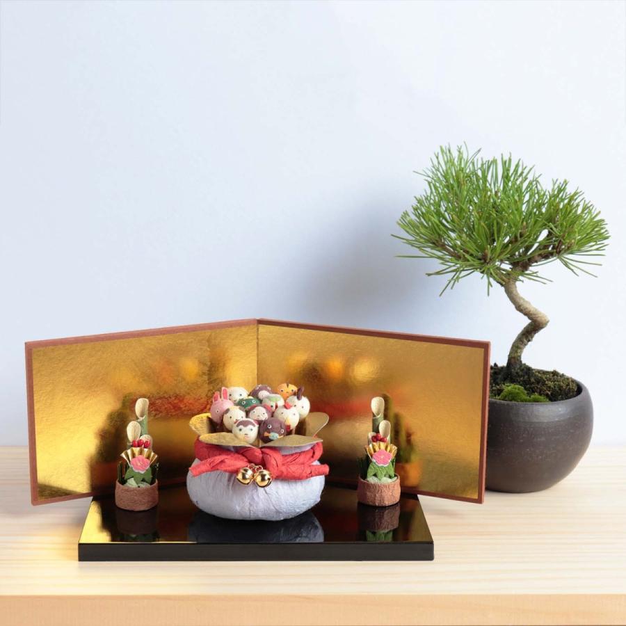 めでたや 正月飾り 置物 干支 十二支 巾着 黒塗り台付き おしゃれ 和紙