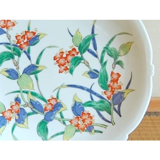 飾り皿 有田焼 色絵つゆ草 尺2寸 37cm 皿立て スタンド付 木 飾り皿 有田焼 色絵つゆ草 尺2寸 37cm 皿立て スタンド付 木
