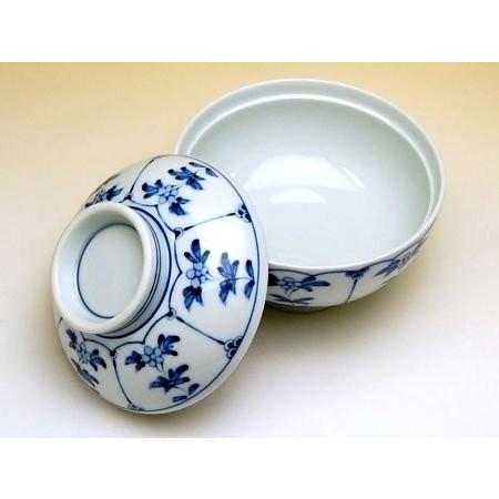 有田焼　光峰釜　白磁藍色草花手描き茶碗蒸し器　18個 有田焼 光峰釜 白磁藍色草花手描き茶碗蒸し器 18個 有田焼 光峰釜 白磁