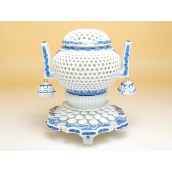 香炉 有田焼 透し彫 未使用 有田焼 景泉作 白磁透彫耳三