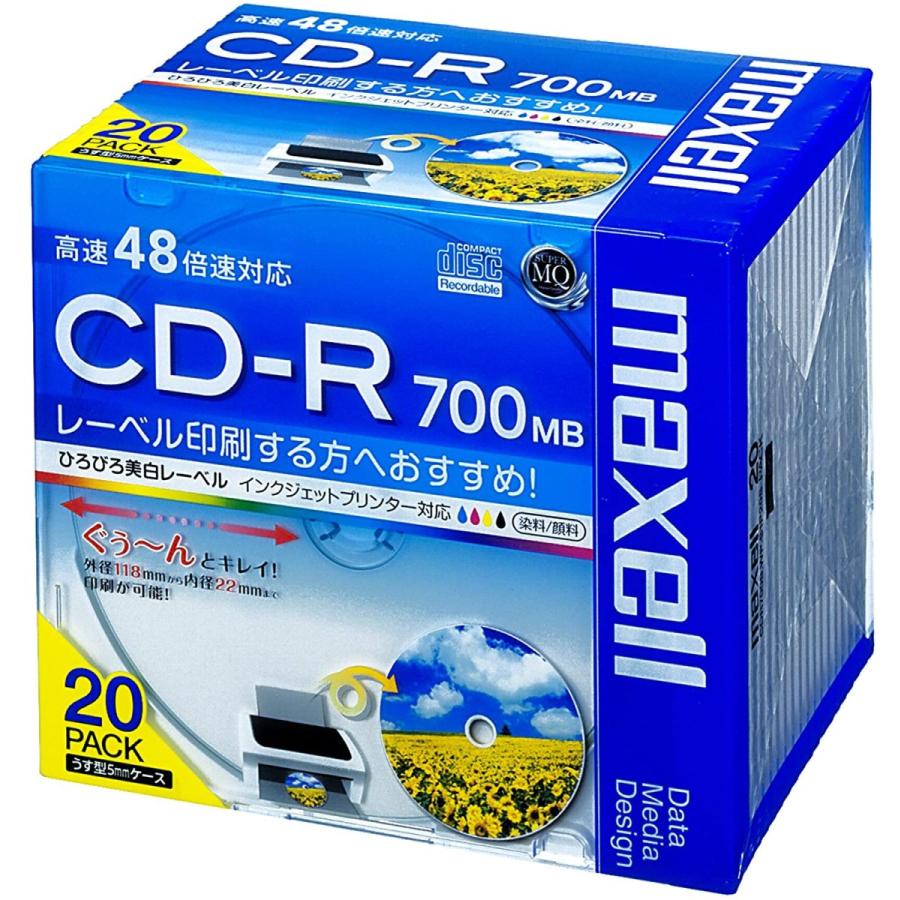 業界No.1 maxell データ用 CD-R 700MB 48倍速対応 インクジェットプリンタ対応ホワイト ワイド印刷 20枚 5mmケース入  CDR simbcity.net