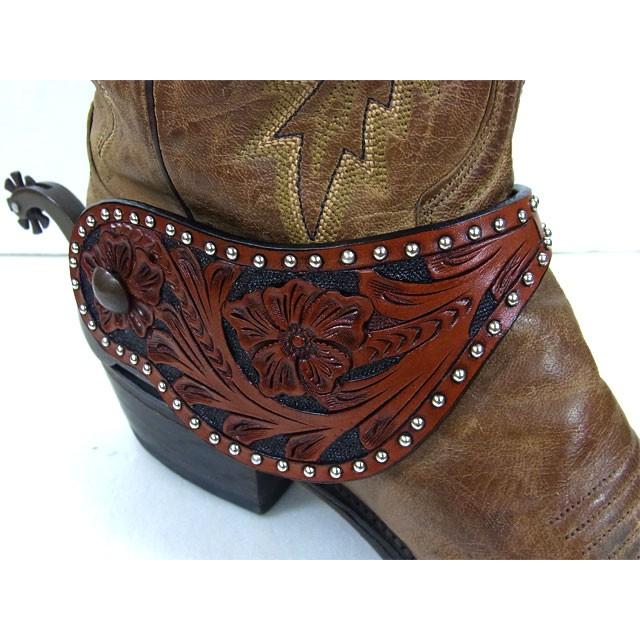 拍車 ウェスタンブーツスパー カービング USA フローラルカービング スタッズ スパーストラップ D.ブラウン L