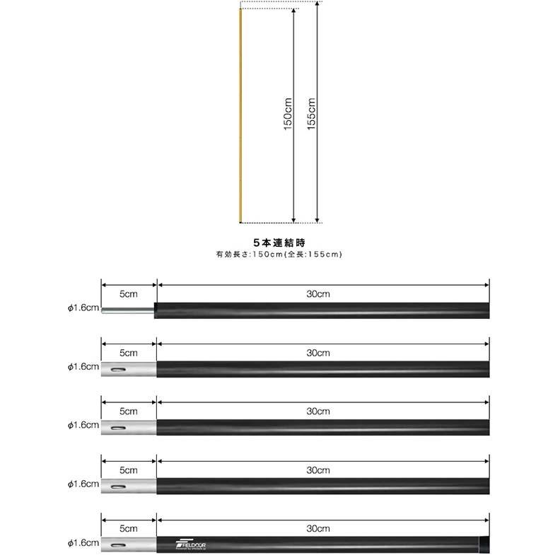 1年保証 テントポール アルミ 2本セット 5本連結 150cm 直径16mm 分割