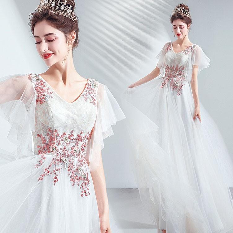 ラッピング無料 ウェディングドレス 花嫁ドレス パーティードレス ドレス ロング ロングドレス 2次会 パーティー 結婚式ドレス 半袖 ｖネック 花柄 ホワイト 代引き手数料無料 Www Skylanceronline Com