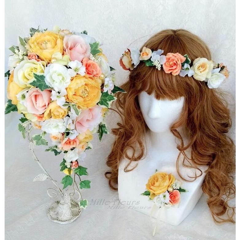 ワンサイズ新作モデルキャスケードブーケ 花冠 ブートニアセット イエロー アートフラワー 生花 生花ワンサイズ 18 218 Cryomisr Com
