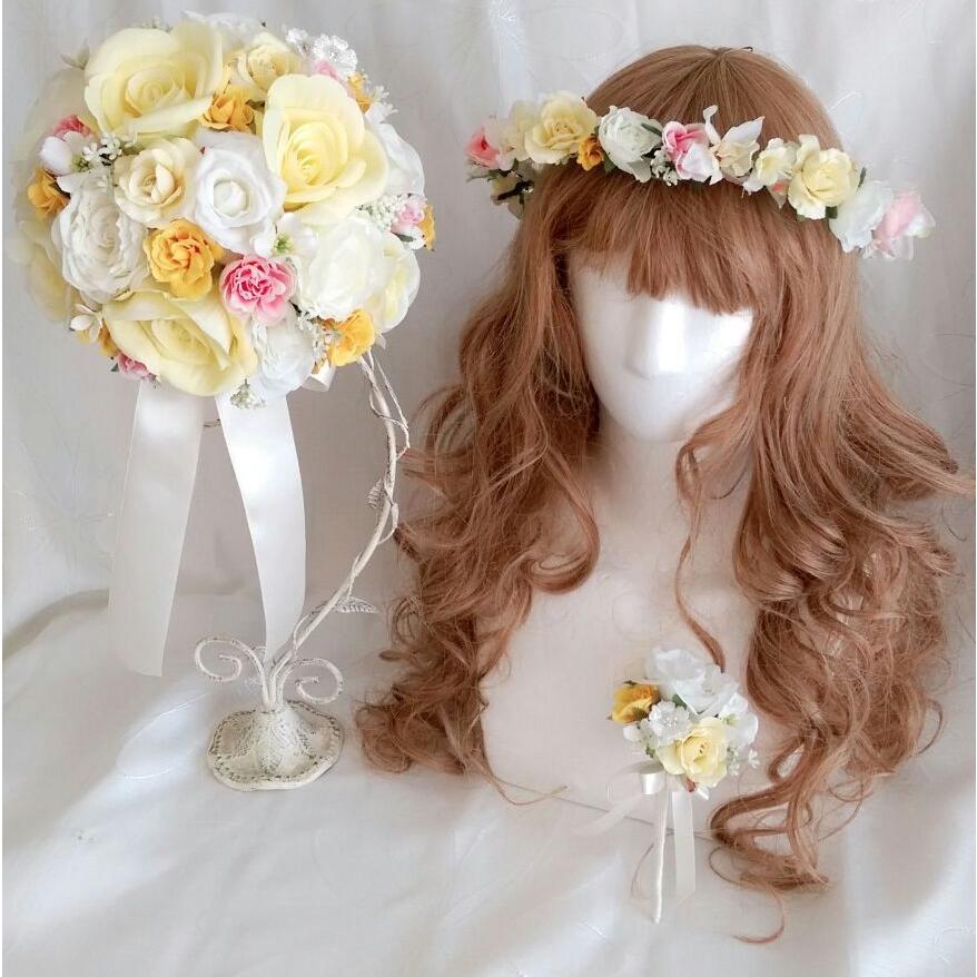 ラウンドブーケ 花冠 ブートニアセット パステル イエロー : 80002 