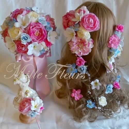 ラウンドブーケ　ラプンツェル風髪飾り　ブートニア　　プルメリア　ピンク　水色　ライトイエロー 