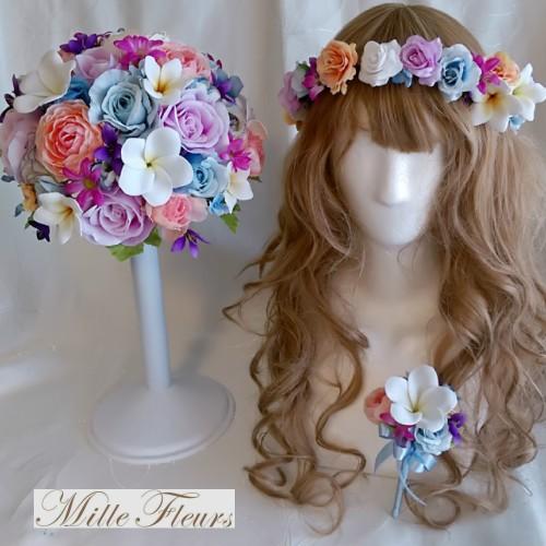 ワンサイズ売り切れ必至 プルメリア カラフル ラウンドブーケ 花冠ブートニアセット ウェディングブーケ 生花 生花ワンサイズ 16 748 Cryomisr Com