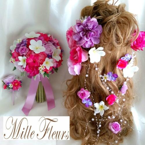 ウェディングブーケ クラッチブーケ ラプンツェル風髪飾り ブートニア