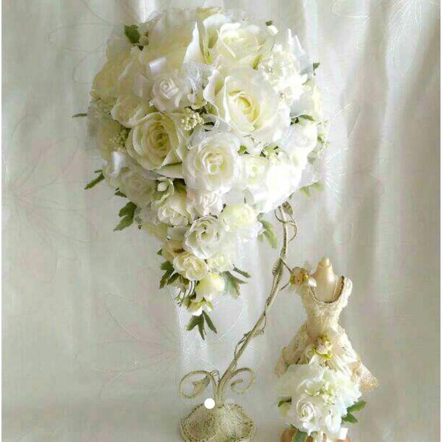 ウェディングブーケ　オーバルブーケ　アートフラワー　ブートニア付き　レース