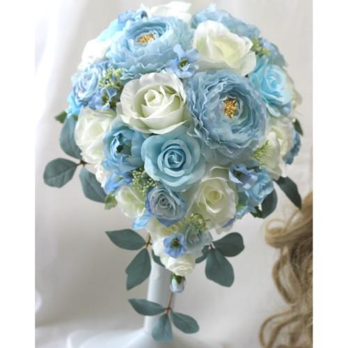 ウェディングブーケ ラプンツェル風髪飾り ブートニア 水色 NO.127  