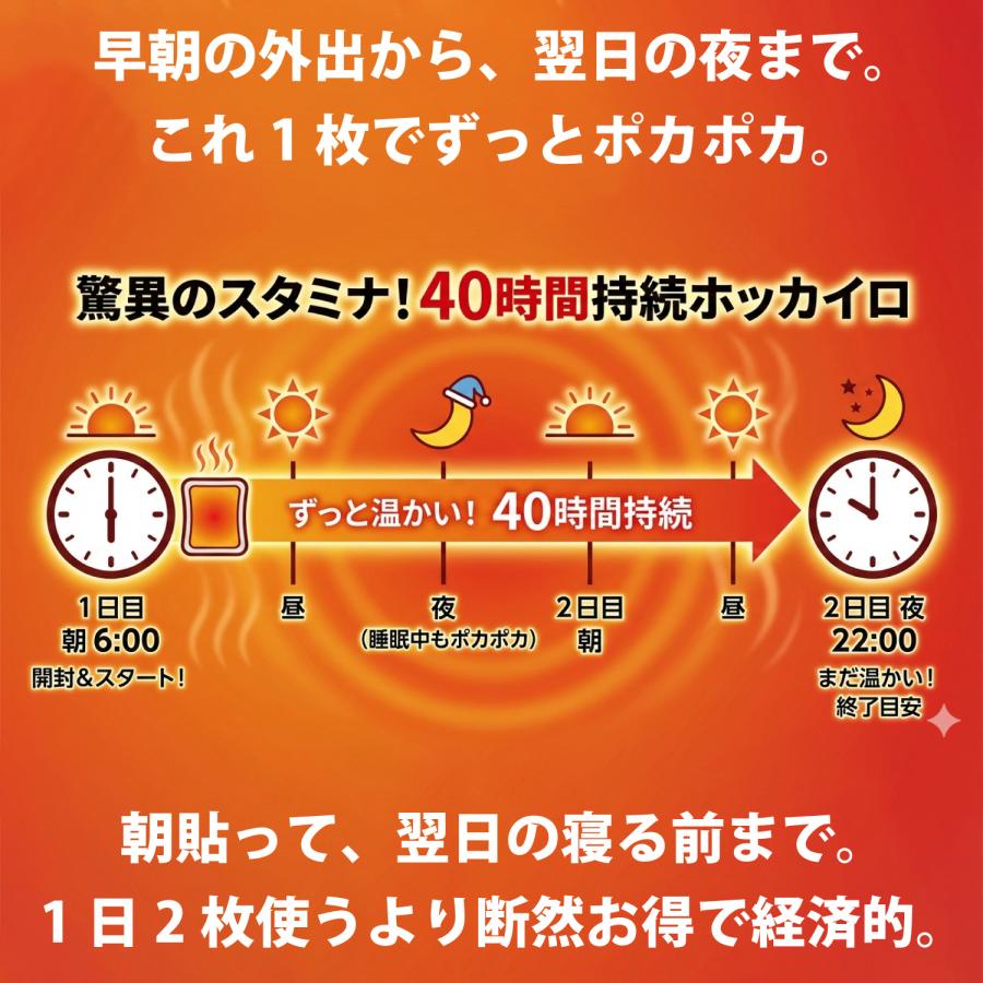 超長持ち 40時間 カイロ 貼る 使い捨て 40枚入り 長時間 24時間以上 まとめ買い レジャー 屋外 防寒 寒さ対策 冷え対策 防災 通勤 通学 HC-40H40P |  | 03