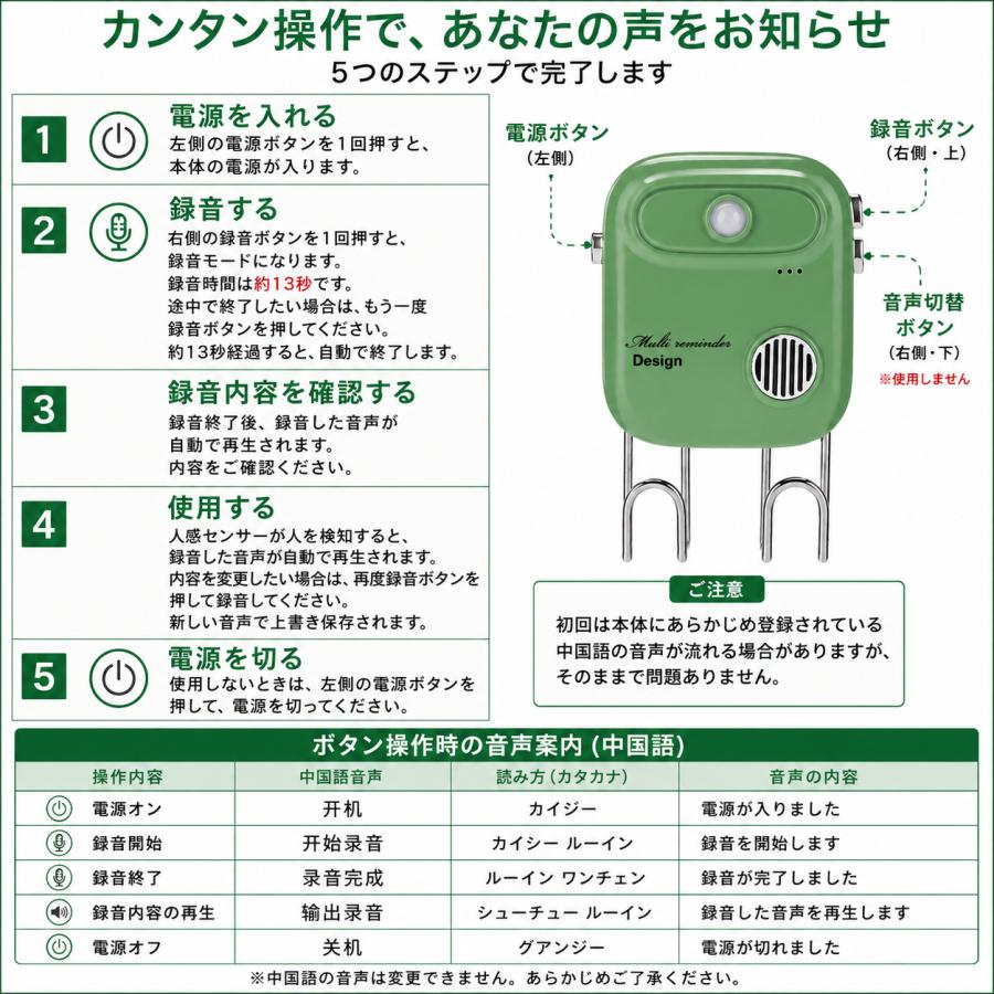 ドアリマインダー 音声録音 人感センサー 忘れ物防止 録音メッセージ 玄関 ドア 鍵 スマホ 財布 お薬 ゴミ出し 声でお知らせ フック付き 電池式 |  | 12