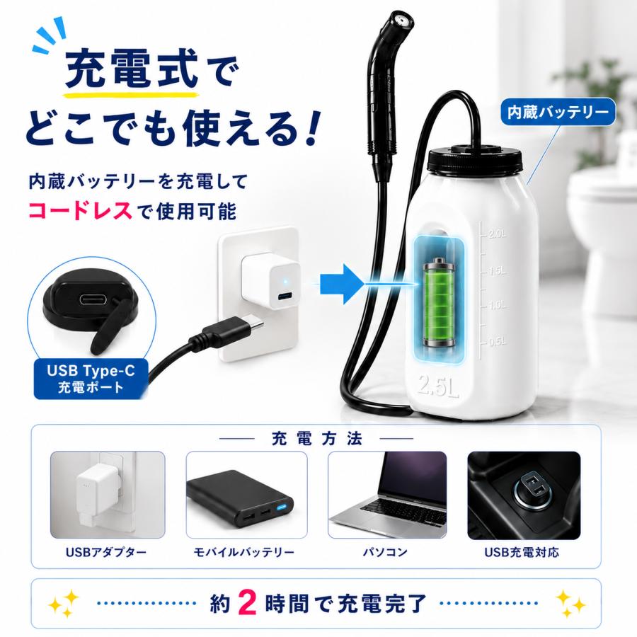 ウォシュレット 工事不要 充電式 電動 2段階水流 据え置き 壁掛け対応 ポータブルビデ おしり洗浄 介護 防災 賃貸 トイレ |  | 05