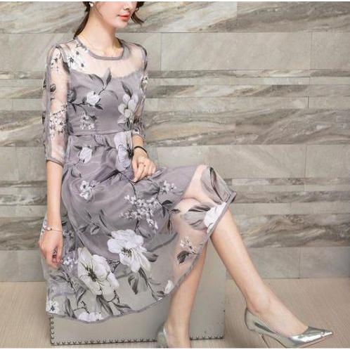 花柄 ワンピース シャツワンピース 春 韓国 ワンピース ドレス 激安 Aライン ワンピース 膝丈 清楚 七分袖 シースルー Jm4144 Jm4144 ワンピの里 通販 Yahoo ショッピング