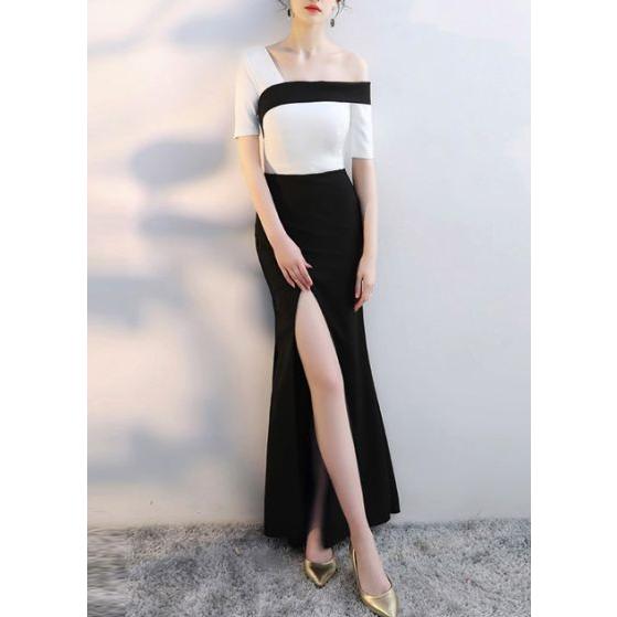 ロングワンピース ワンピ 韓国 コーデ きれいめ 40代 30代 代 ロング丈 半袖 バイカラー 結婚式 およばれ 上品 パーティドレス 黒 白 Jm70 ワンピの里 通販 Yahoo ショッピング