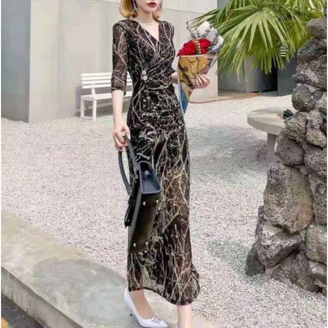 ワンピース レディース ロングワンピース 40代 コーデ 結婚式 羽織物 30代 ロング丈 七分袖 シフォン Vネック きれいめ ハイウエスト 夏 柔らかな質感の