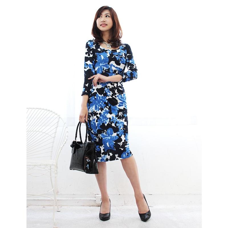 ワンピース 花柄 ジャージー 7分袖 タイト 30代 40代 ファッション 通勤 オフィス Ol 会社 きれいめ 上品 オフィス パーティ 632 T15 Onescene 通販 Yahoo ショッピング