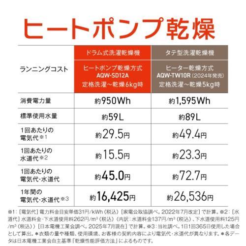 【標準設置料金込】アクア(AQUA) AQW-SD12A-R-W ホワイト まっ直ぐドラム ドラム式洗濯乾燥機 右開き 洗濯12kg/乾燥6kgの画像