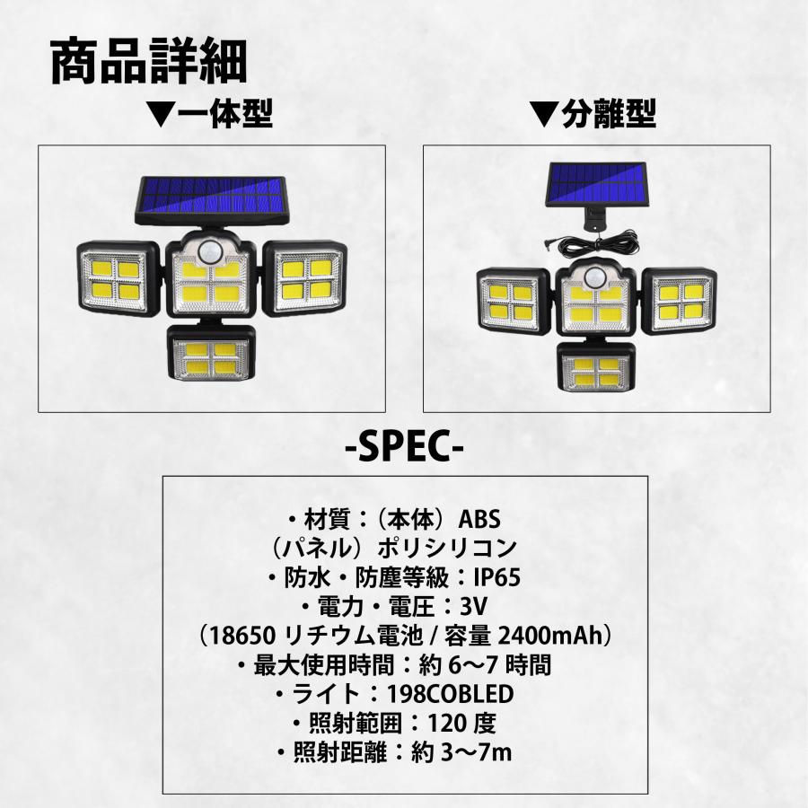 センサーライト 屋外 防水 2個セット COB LED ライト パネル 一体型 分離型 ソーラーライト 屋外用 人感 明るい 防犯 自動｜onesshop｜17