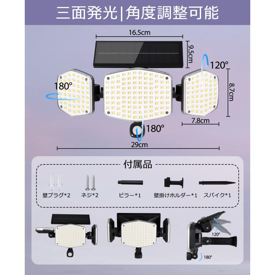 ソーラーライト 屋外 人感 センサーライト 【2Way 埋め込み・壁掛け】 208LED 3面発光 2200mAh 高輝度 ガーデンライト 明暗センサ｜onetoday｜07