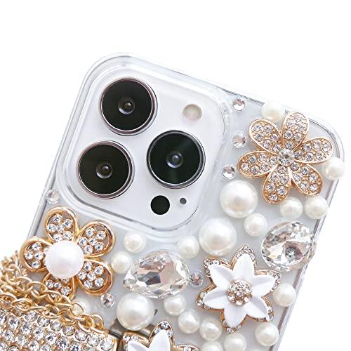 iPhone 14 Proケース、可愛い キラキラストーン、金属製のハンドバッグの装飾、カメリア花、真珠流?、 iPhone14 Pro 6.1''2｜onetoday｜03