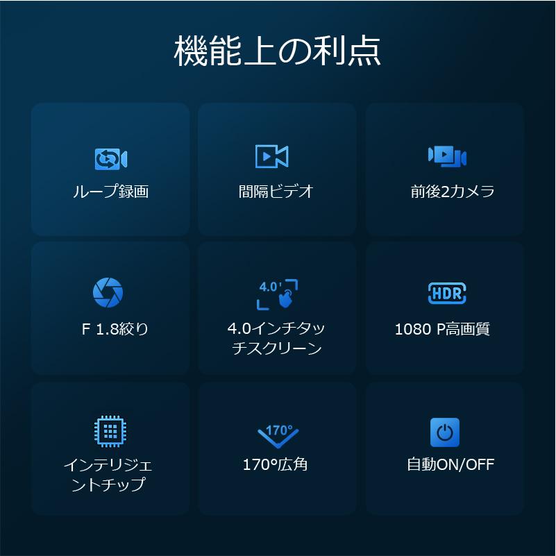 ドライブレコーダー 前後2カメラ フルHD高画質 170°広角 4.0インチ液晶 車載カメラ |  | 09