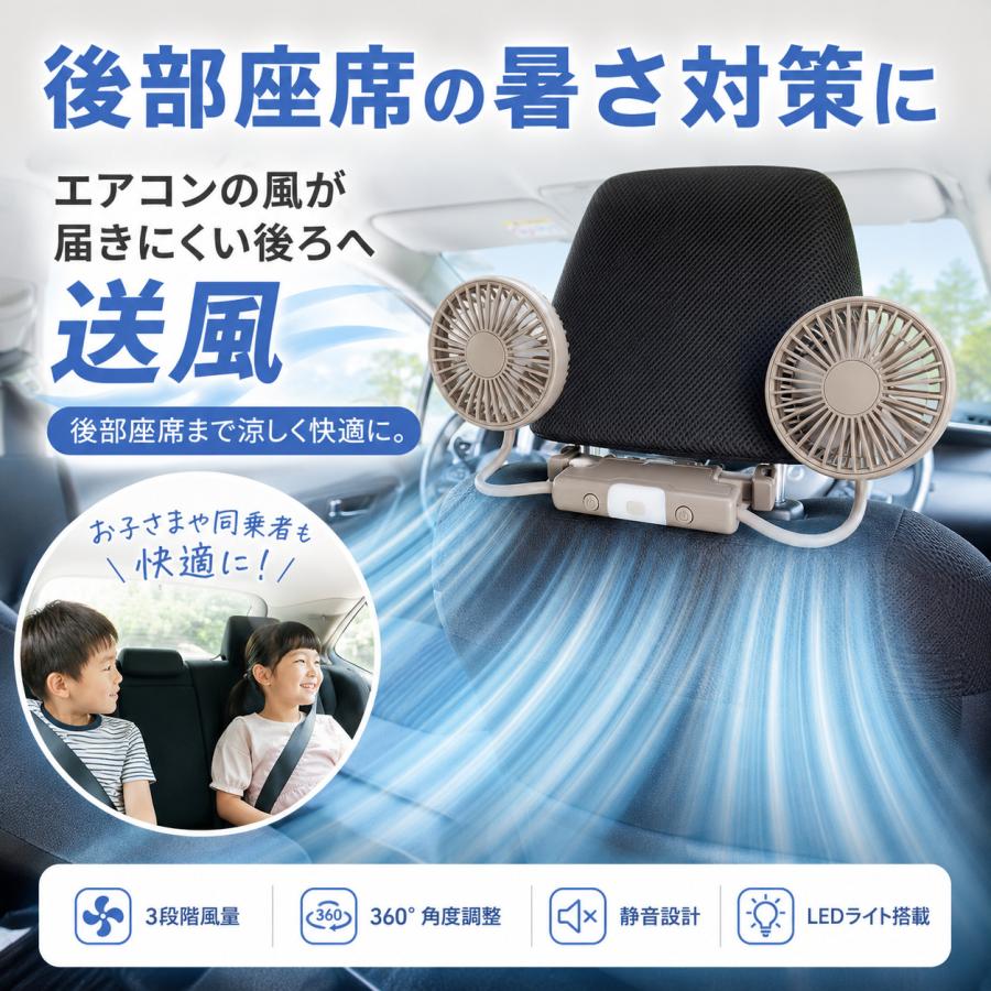 車載 扇風機 ヘッドレスト ツインファン 2連 USB給電 後部座席用 3段階風量 左右独立 360度 回転 グレージュ |  | 02