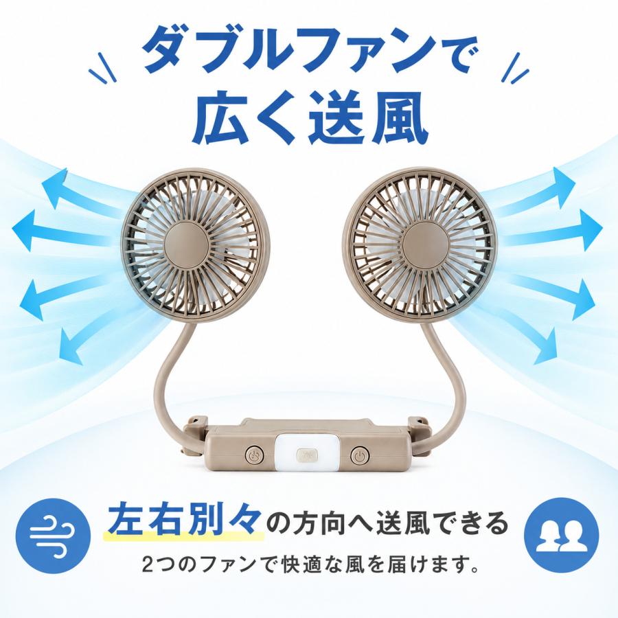 車載 扇風機 ヘッドレスト ツインファン 2連 USB給電 後部座席用 3段階風量 左右独立 360度 回転 グレージュ |  | 03