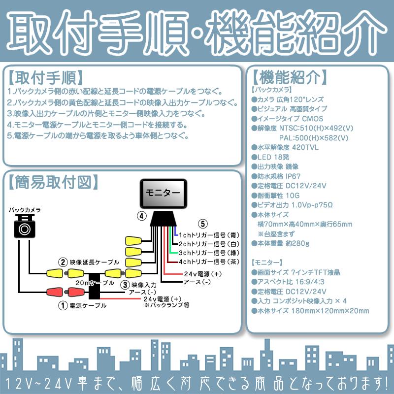 7インチ オンダッシュモニター 4分割 車載モニター バックカメラ セット 赤外線LED搭載 暗視機能付 12V 24V 大型車 トラック車載 液晶モニター 車載カメラ | いすゞ | 06