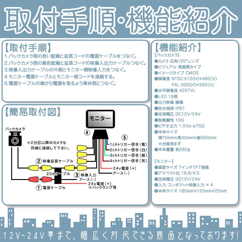 7インチ オンダッシュモニター 4分割 車載モニター バックカメラ 2台 赤外線LED搭載 暗視機能付 12V 24V 大型車 トラック車載 液晶モニター 車載カメラ | いすゞ | 06