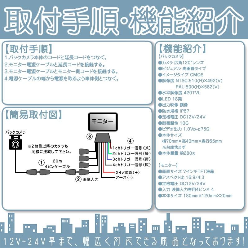 7インチ オンダッシュモニター 4分割 車載モニター バックカメラ 2台 赤外線LED搭載 暗視機能付 12V 24V 液晶 大型車 トラック車載 ノイズ対策済4ピンケーブル | いすゞ | 06