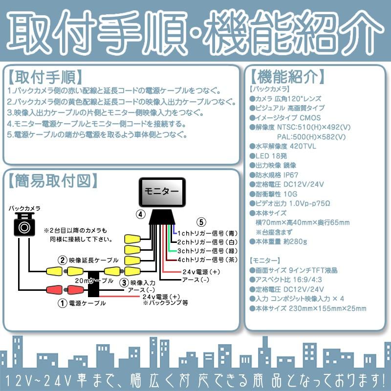 9インチ オンダッシュモニター 4分割 車載モニター バックカメラ 2台 赤外線LED搭載 暗視機能付 12V 24V 大型車 トラック車載 液晶モニター 車載カメラ | いすゞ | 06