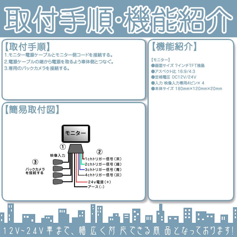7インチ オンダッシュモニター 4分割 車載モニター 4ピンカメラ専用 4系統入力 TFT液晶 12V 24V 大型車 トラック車載 液晶モニター |  | 04