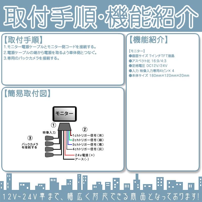 7インチ オンダッシュモニター 4分割 車載モニター 4ピンカメラ専用 4系統入力 TFT液晶 12V 24V 大型車 トラック車載 液晶モニター |  | 04