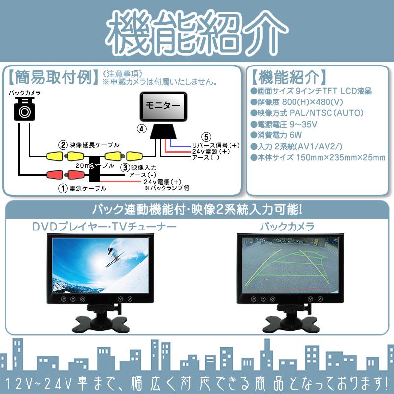 9インチ オンダッシュモニター 4分割 車載モニター 2系統入力 TFT液晶 12V 24V 大型車 トラック車載 液晶モニター | いすゞ | 04