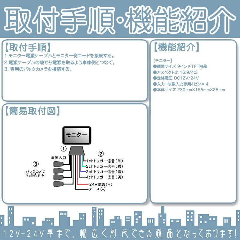 9インチ オンダッシュモニター 4分割 車載モニター 4ピンカメラ専用 4系統入力 TFT液晶 12V 24V 大型車 トラック車載 液晶モニター |  | 04