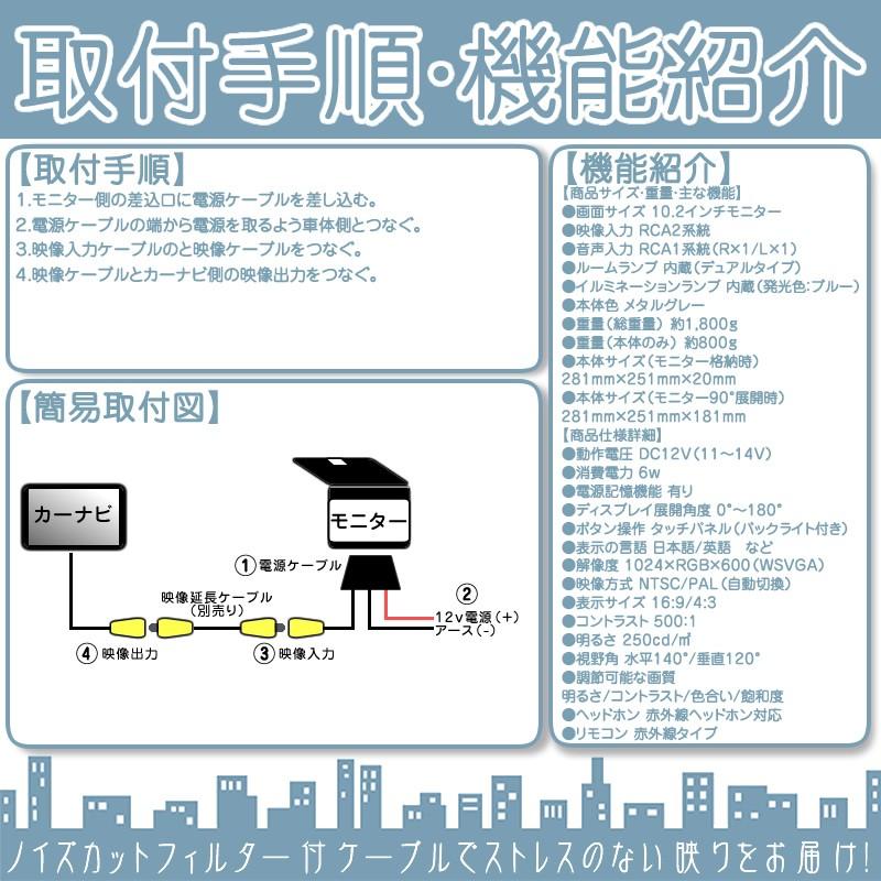 シエンタ アイシス 他 10.1インチ フリップダウンモニター 12V車 対応 外部 液晶 モニター ノイズ対策済 定番 液晶モニター 家族 子供 同乗者向け モニター｜oneup｜06