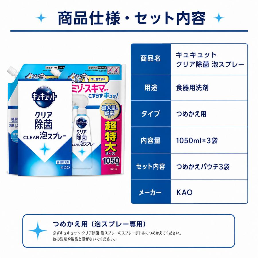 キュキュット 泡スプレー 詰め替え 超特大 1050mL×3個 クリア除菌 食器用洗剤 花王 大容量 | キュキュット | 06