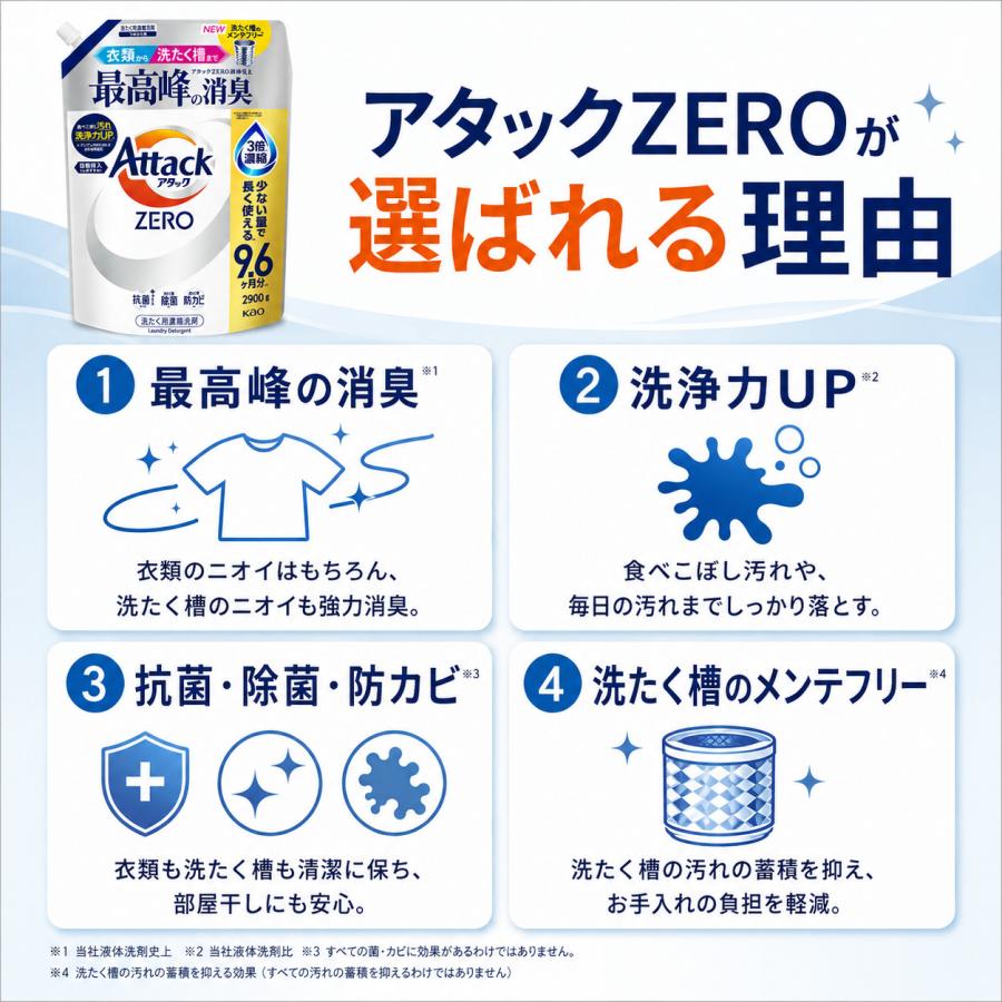アタックZERO 超特大 2900g 詰め替え 洗濯洗剤 濃縮液体 花王 消臭 抗菌 約9.6か月分 | アタック | 02